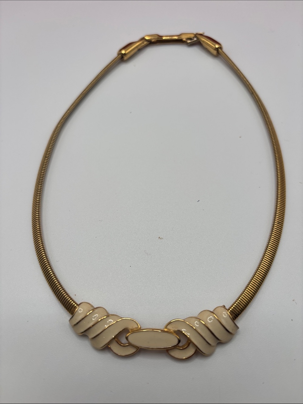 Vintage Monet Gold Tone Cream Enamel Knot Collar Necklace 16 inches